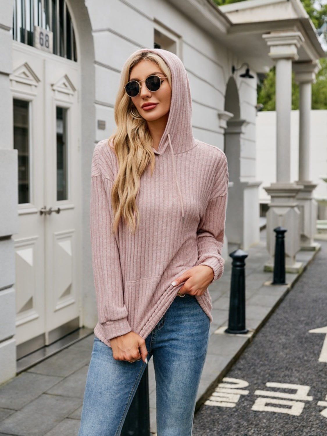 Ribbed Drawstring Long Sleeve Hoodie - In Style Chics Boutique LLC