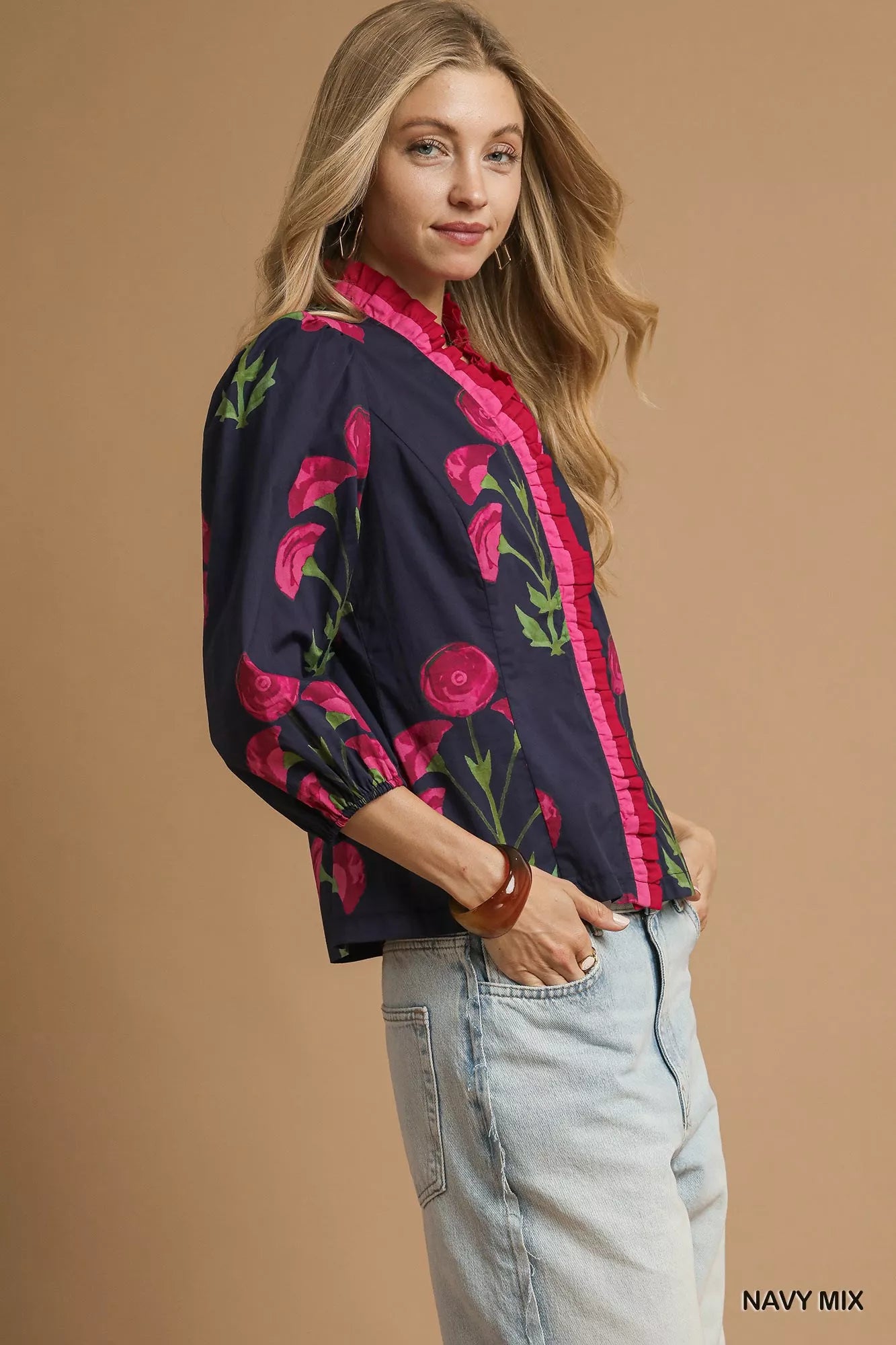 Floral Print Blouse, Ruffle Trim Puff Sleeve at In Style Chics Boutique