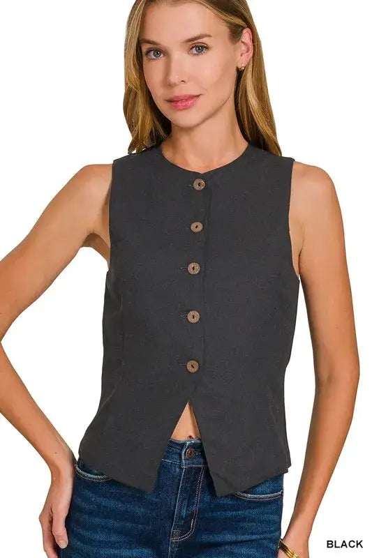 Linen Button Down Black Vest