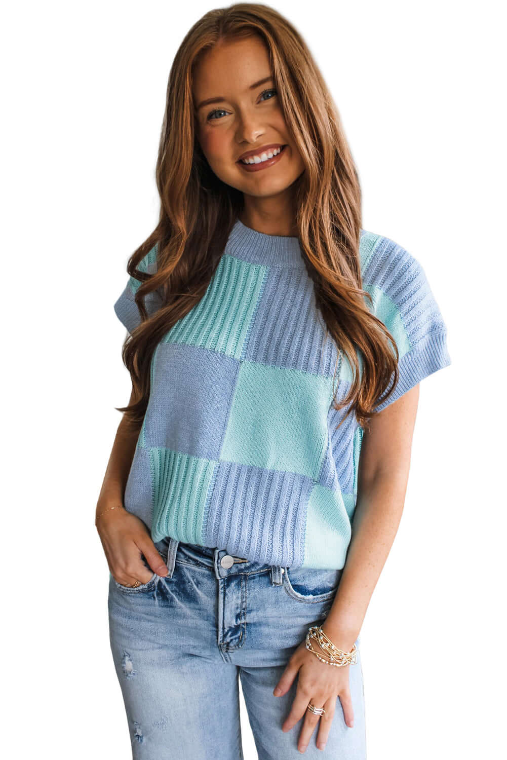 Khaki Checkered Color Block Crew Neck Short Sleeve Sweater - Cute Clothes Online - In Style Chics Boutique Women's Juniors