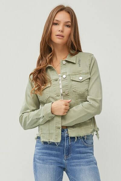 Women's Raw Hem Button Up Cropped Denim Jacket - In Style Chics Boutique