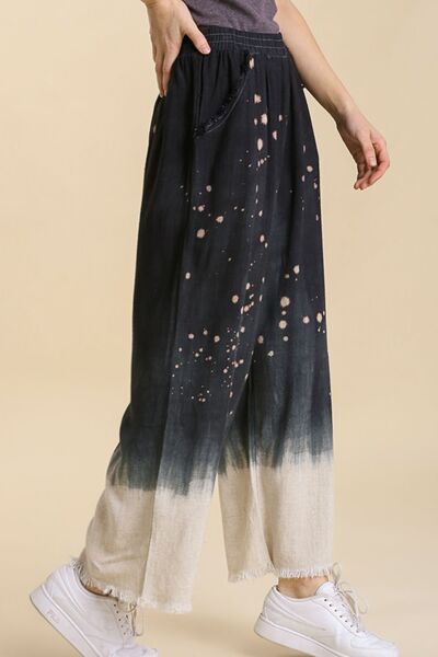 Raw Hem Linen Blend Bleach Dip Dye Wide Leg Pants - In Style Chics Boutique Online Clothing for women