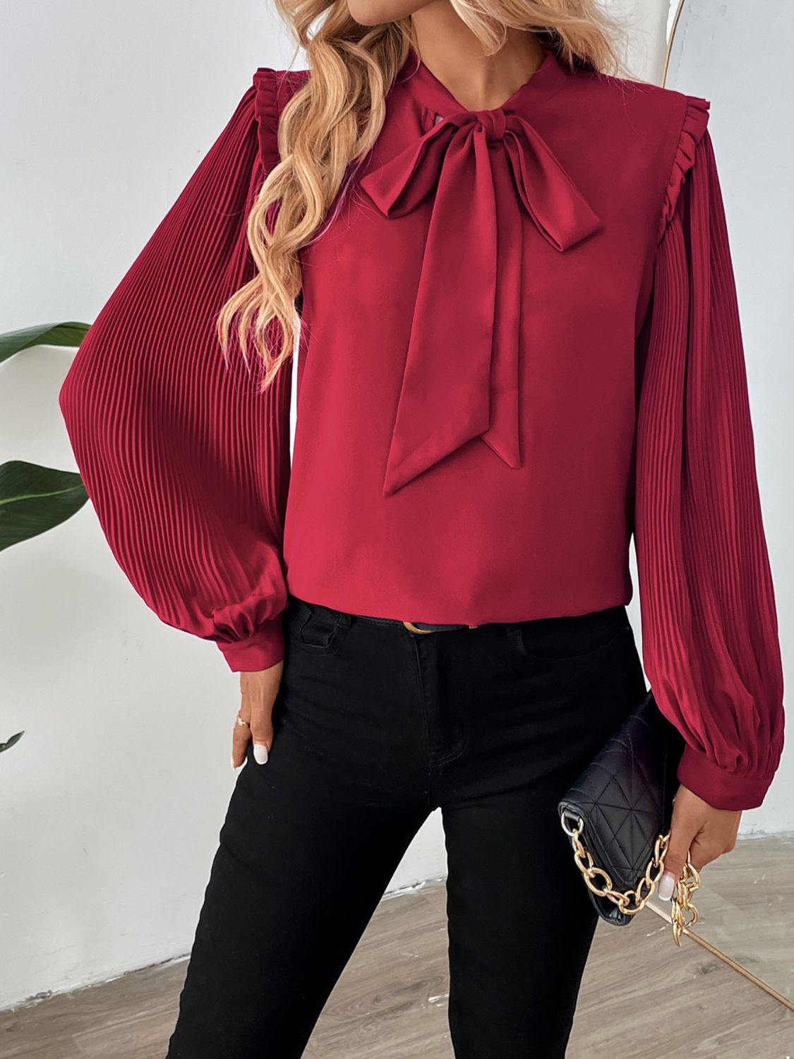 Perfee Frill Tie Neck Long Sleeve Blouse - In Style Chics Boutique LLC