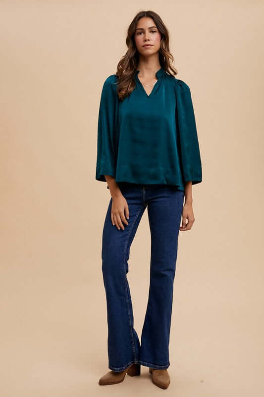 Annie Wear Satin Notched Three-Quarter Sleeve Blouse - In Style Chics Boutique LLC