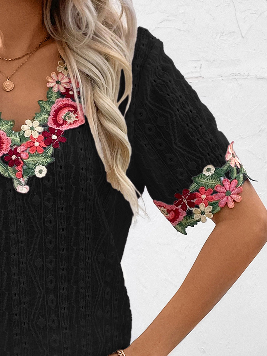 Eyelet Embroidered V-Neck Short Sleeve Blouse - More Colors! - In Style Chics Boutique LLC