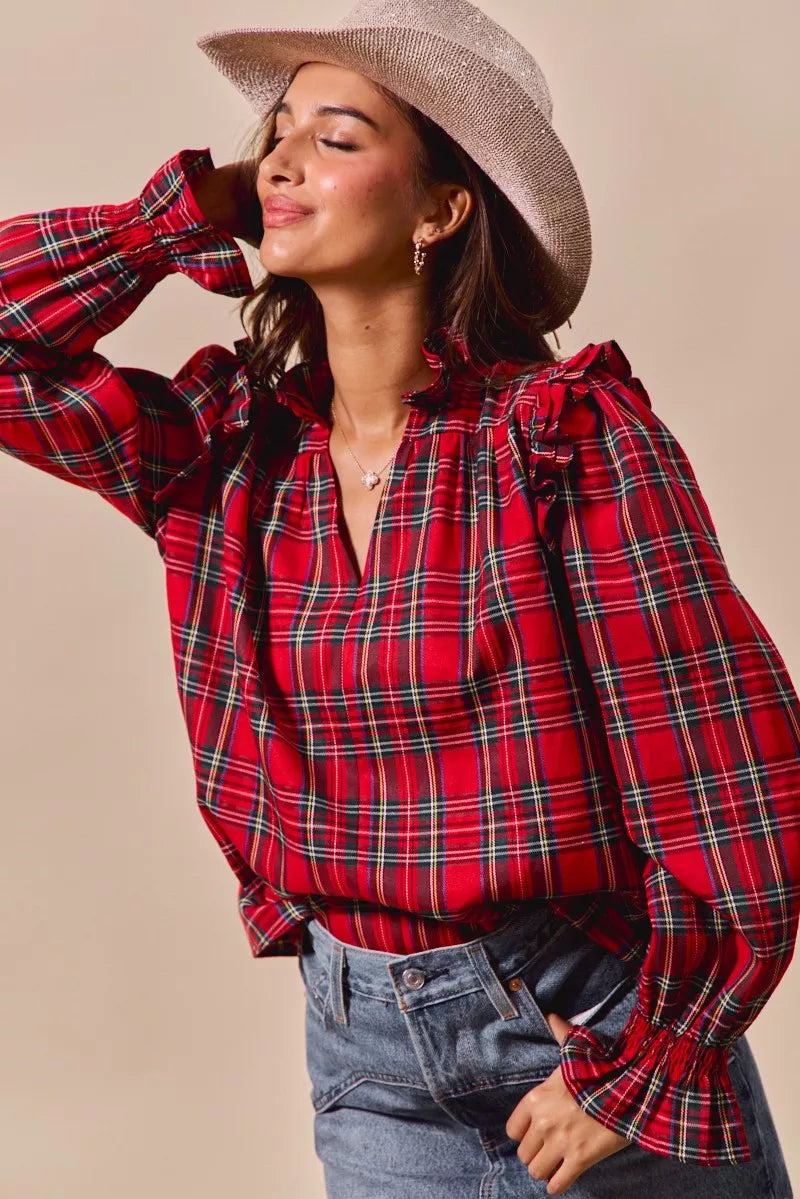 Christmas Checkered Plaid Smocked ♥️ Blouse at In Style Chics Boutique