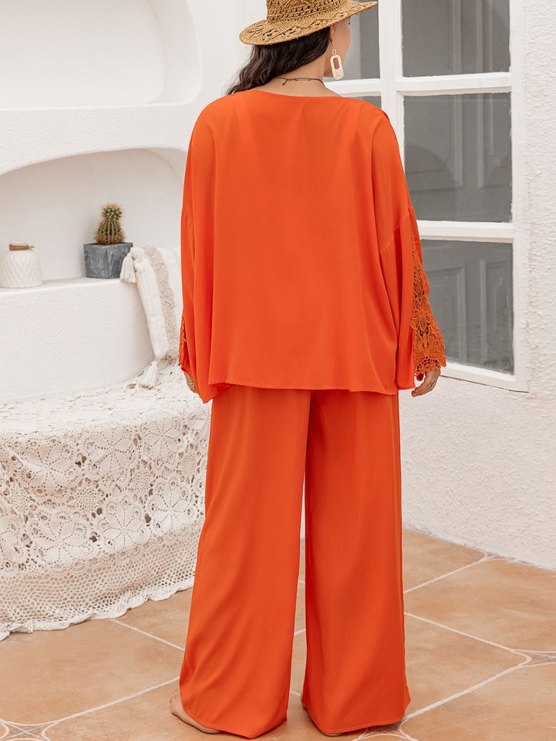 Plus Size Lace Detail Long Sleeve Top and Pants Set - In Style Chics Boutique LLC
