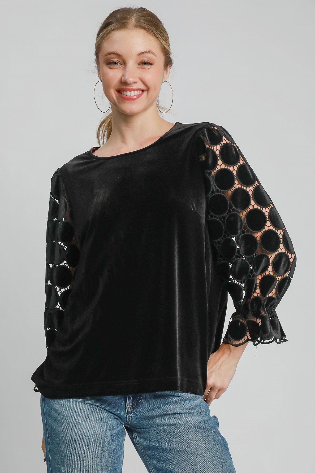 Umgee Polka Dot Lace Long Sleeve Round Neck Blouse - In Style Chics Boutique LLC