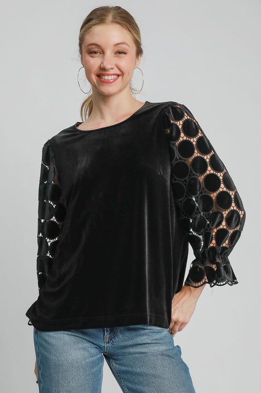 Umgee Polka Dot Lace Long Sleeve Round Neck Blouse - In Style Chics Boutique LLC