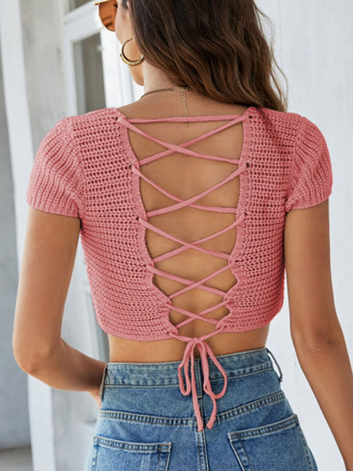 Lace-Up Openwork Square Neck Sweater - In Style Chics Boutique LLC