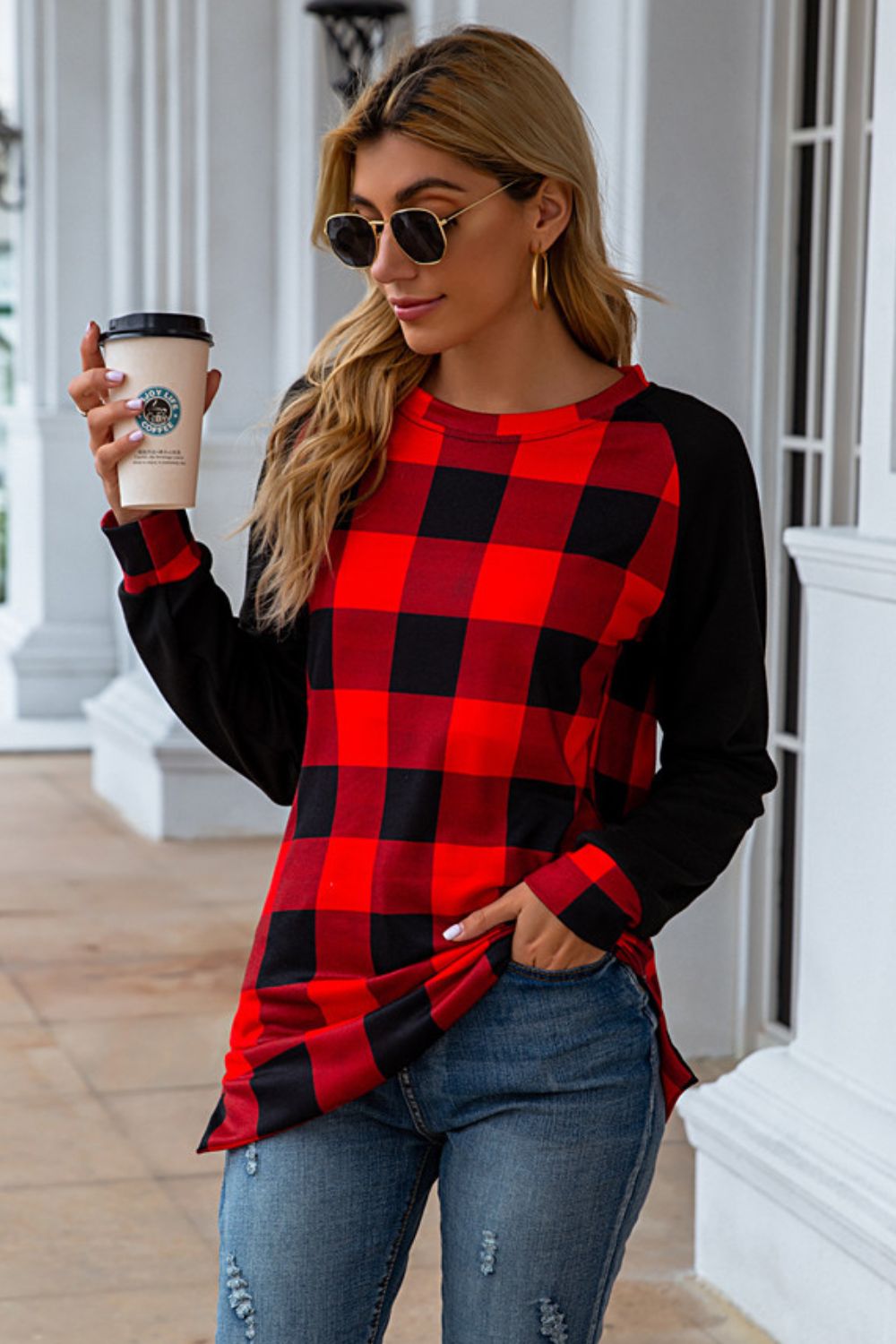 Plaid Round Neck Long Sleeve T-Shirt - In Style Chics Boutique LLC
