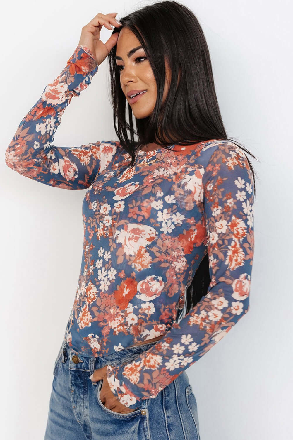 Boho Floral Print Mesh Long Sleeve Top - In Style Chics Boutique Online Clothing Women's Juniors Free Shipping Cute Clothes
