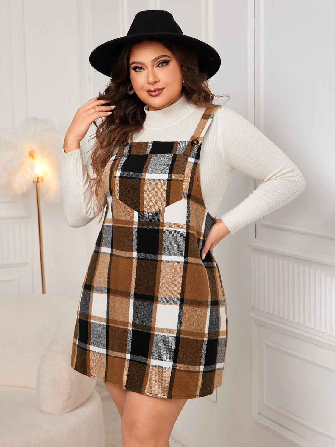 Honey Plus Size Plaid Wide Strap Overall Dress - In Style Chics Boutique LLC