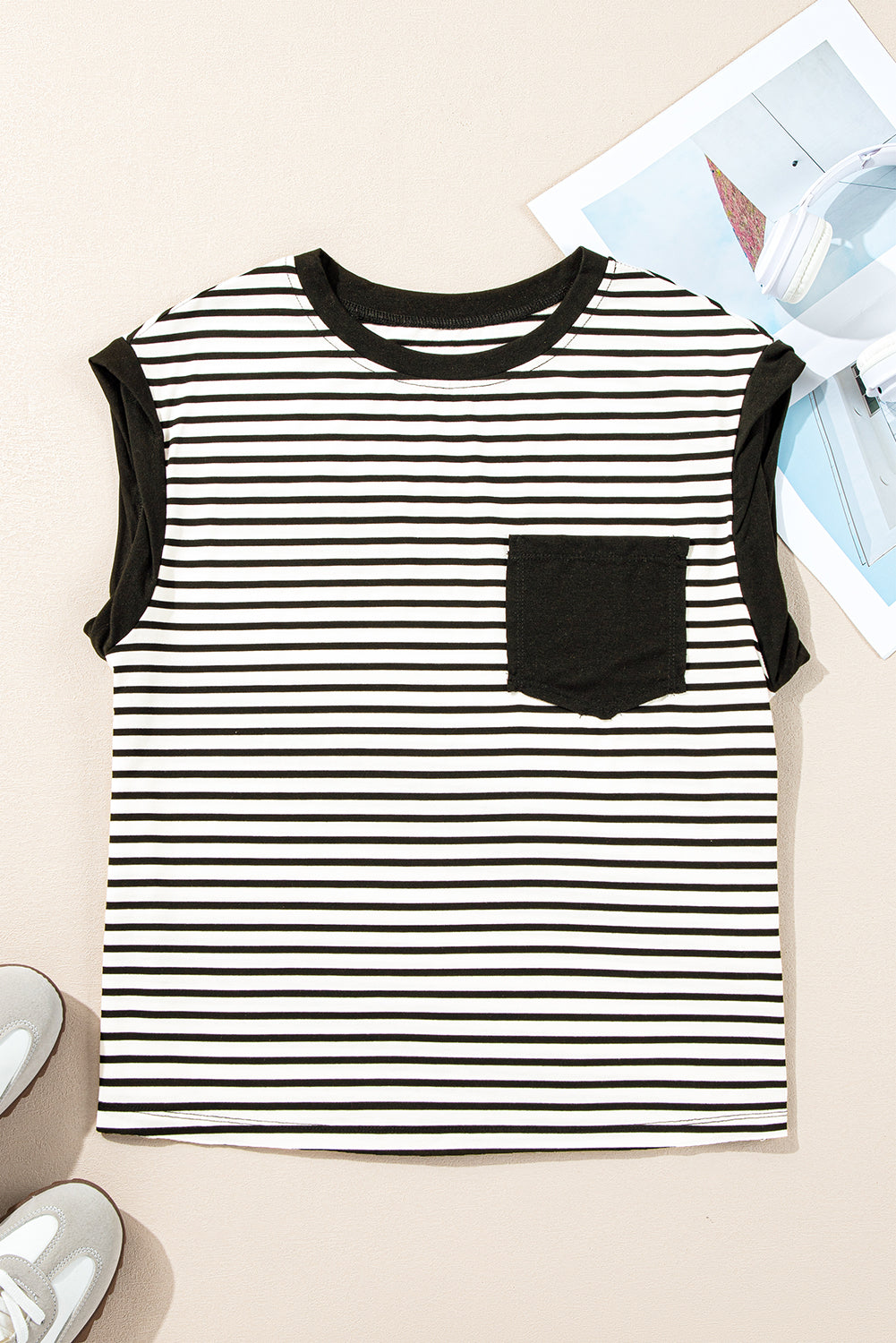 Black Stripe Chest Pocket Patch Round Neck Sleeveless Tee - Cute Clothes for Spring Summer - In Style Chics Boutique Women's Juniors Apparel Online