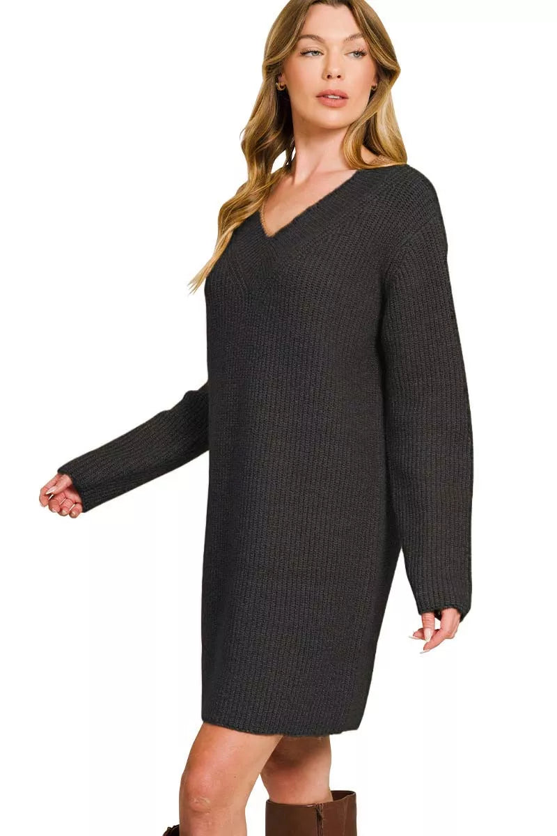 Shop Black 🖤 Sweater Dress, V-Neck Long Sleeve Ribbed at In Style Chics Boutique