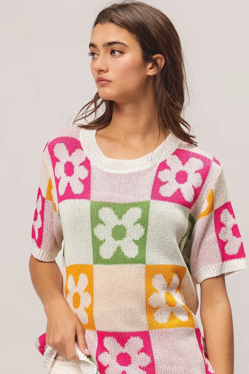 Sweater Top, Flower Checker Pattern Lightweight In Style Chics Boutique Where to buy stylish women’s clothes