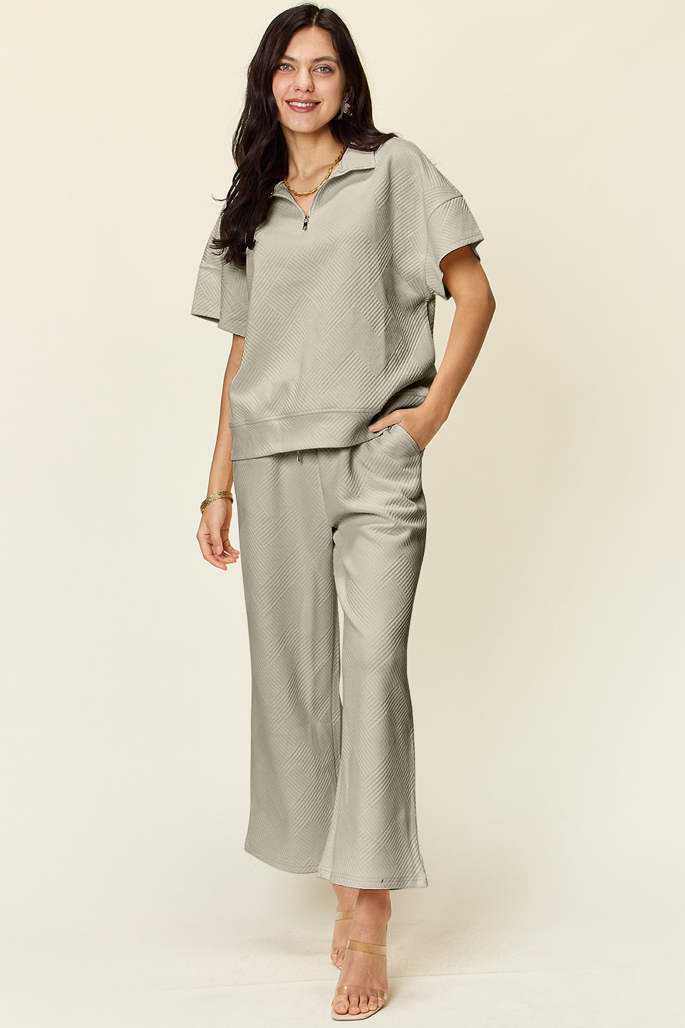 Double Take Texture Half Zip Short Sleeve Top & Pants Set- More Colors! - In Style Chics Boutique LLC