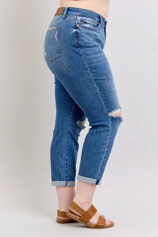 Judy Blue Medium Rise Vintage Wash Distressed Boyfriend Jeans - In Style Chics Boutique Women's Juniors Plus Size Clothes Online