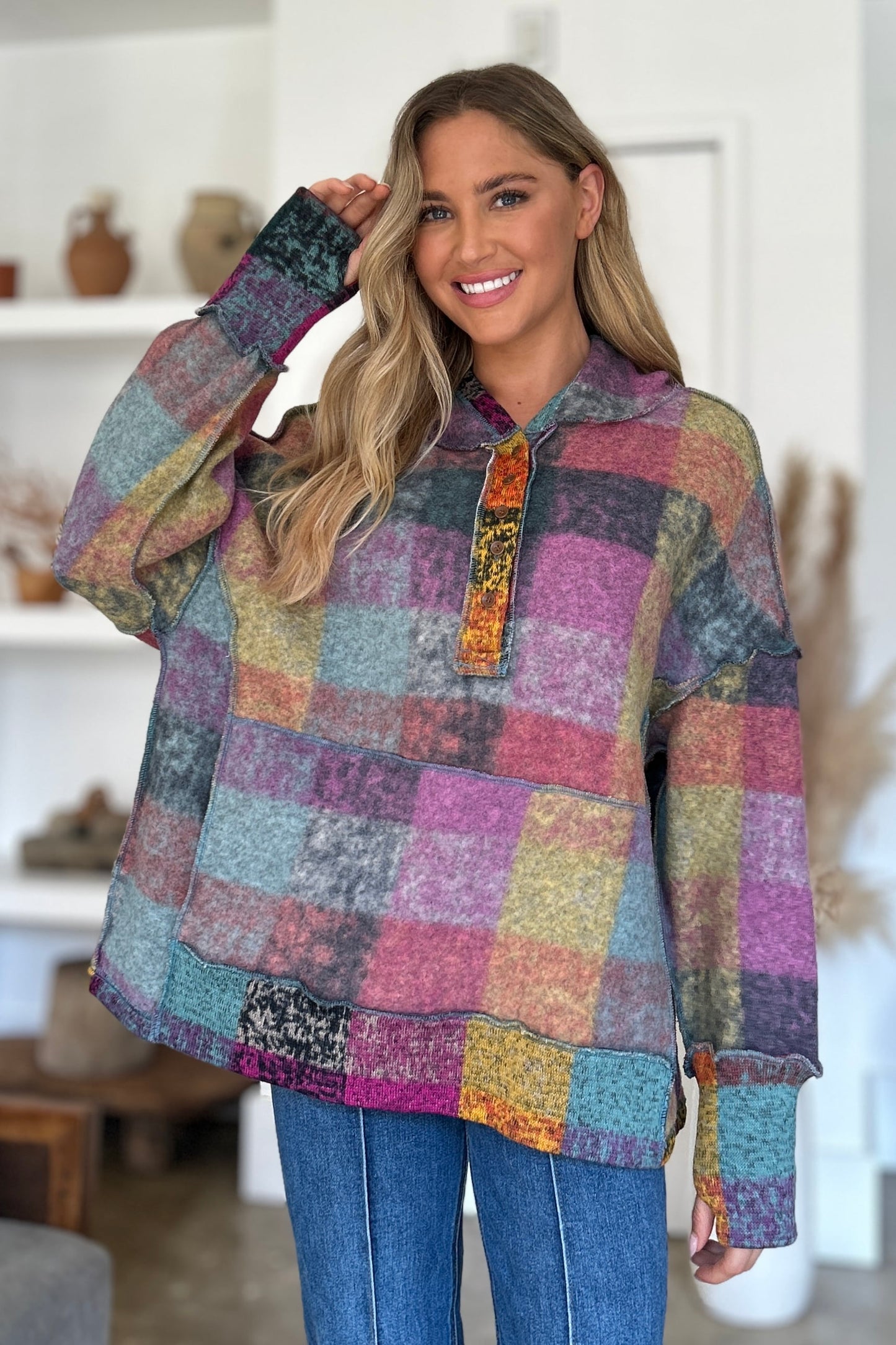 Double Take Full Size Plaid Dropped Shoulder Fleece Hoodie - In Style Chics Boutique LLC