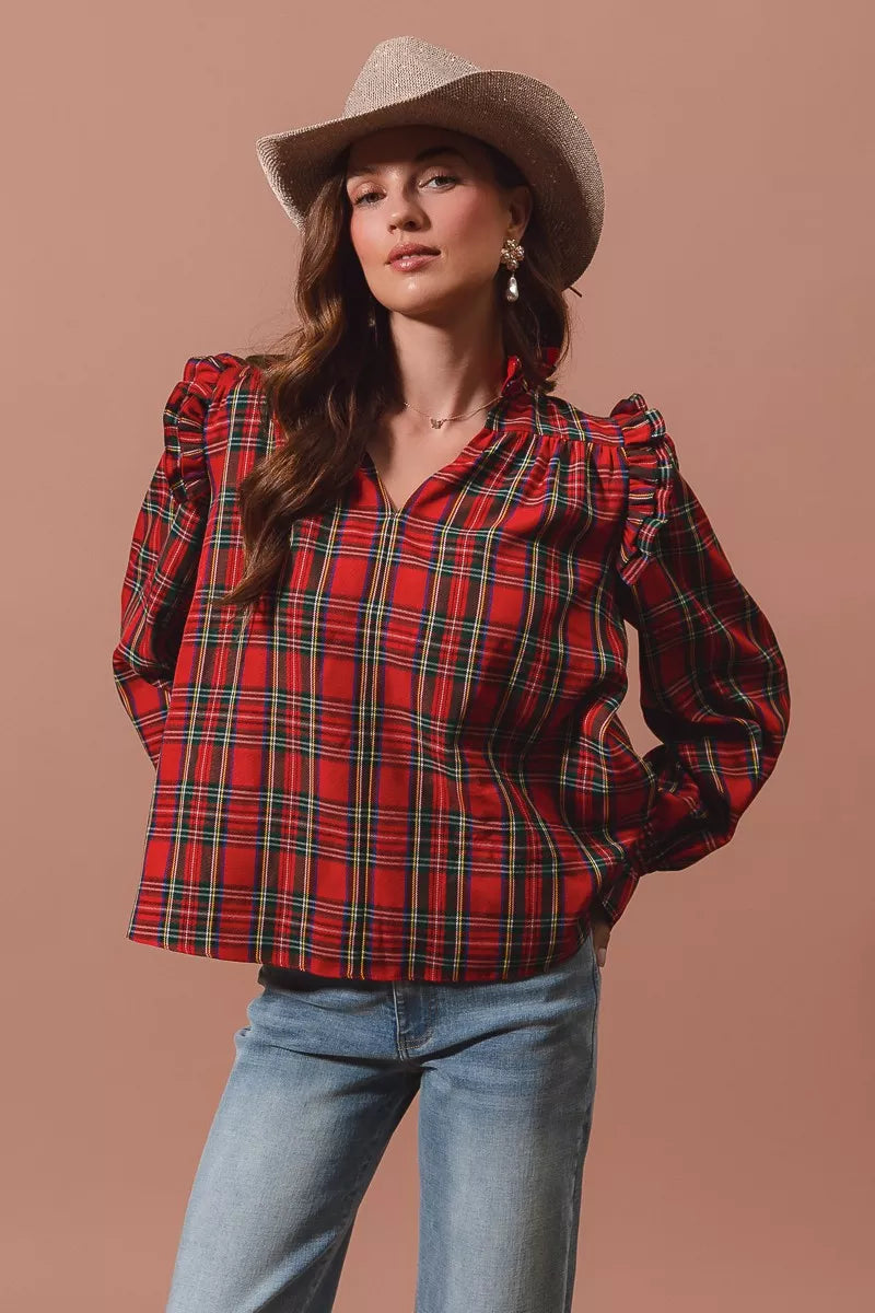 Christmas Checkered Plaid Smocked ♥️ Blouse at In Style Chics Boutique