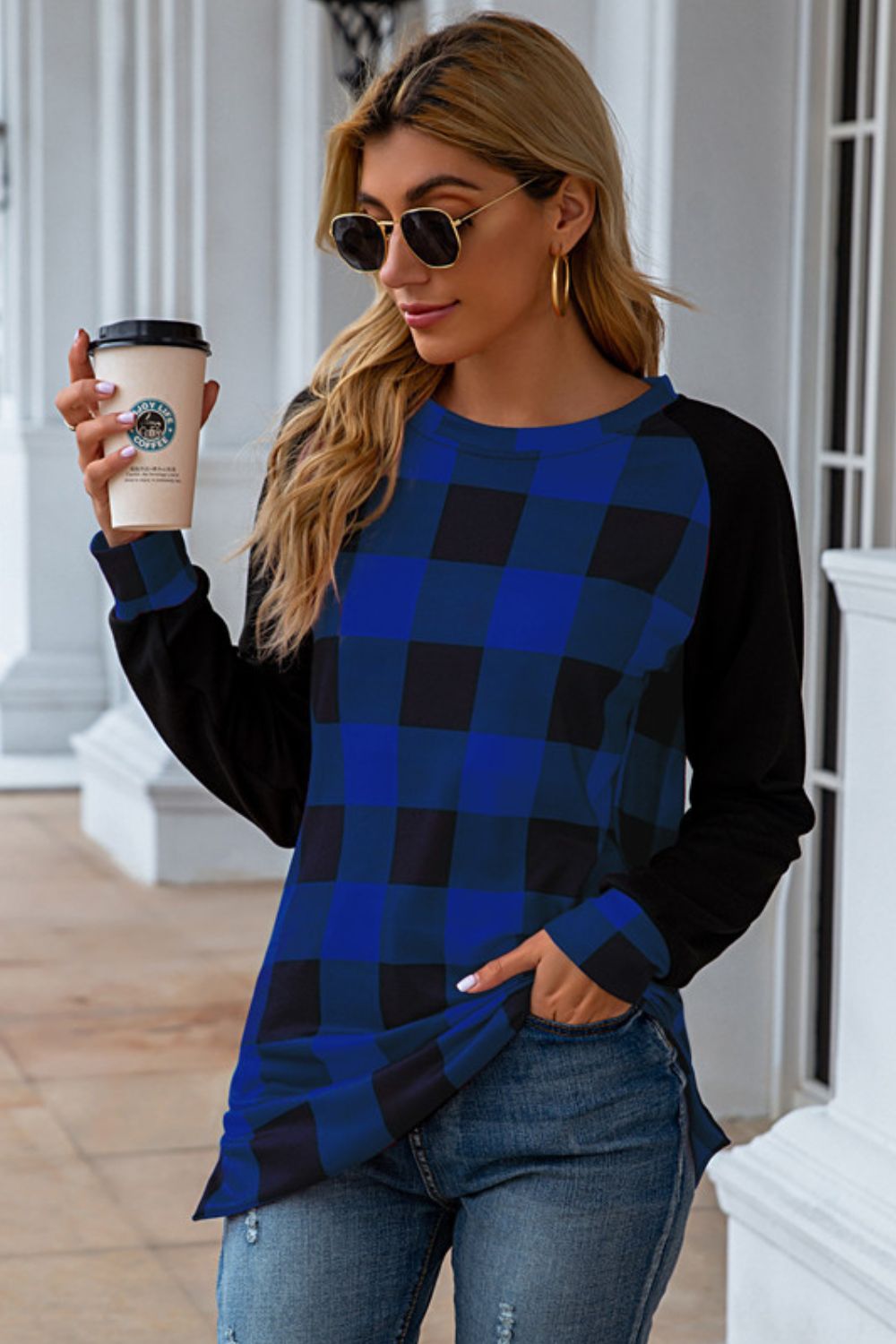 Plaid Round Neck Long Sleeve T-Shirt - In Style Chics Boutique LLC