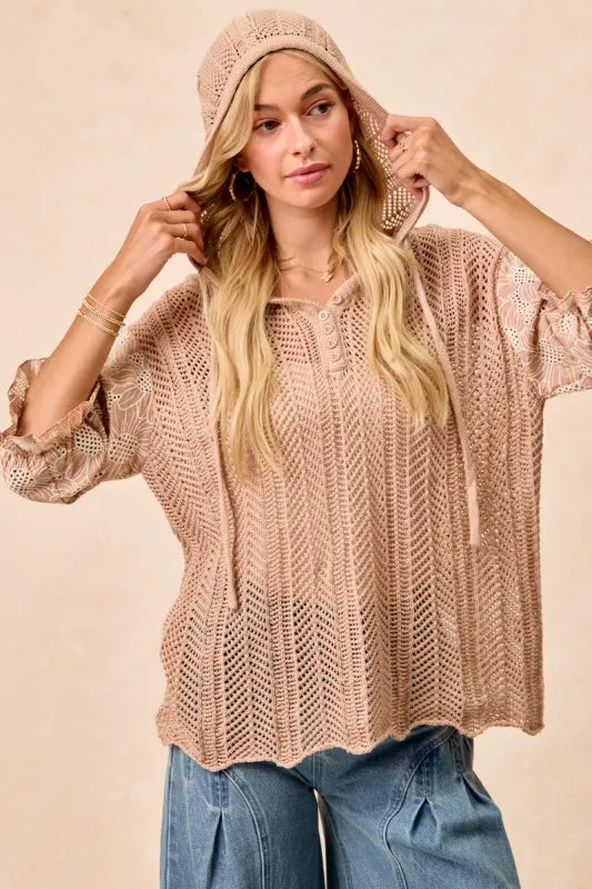 Jacquard Flower Puff Sleeve Hooded Knit Top at In Style Chics Boutique