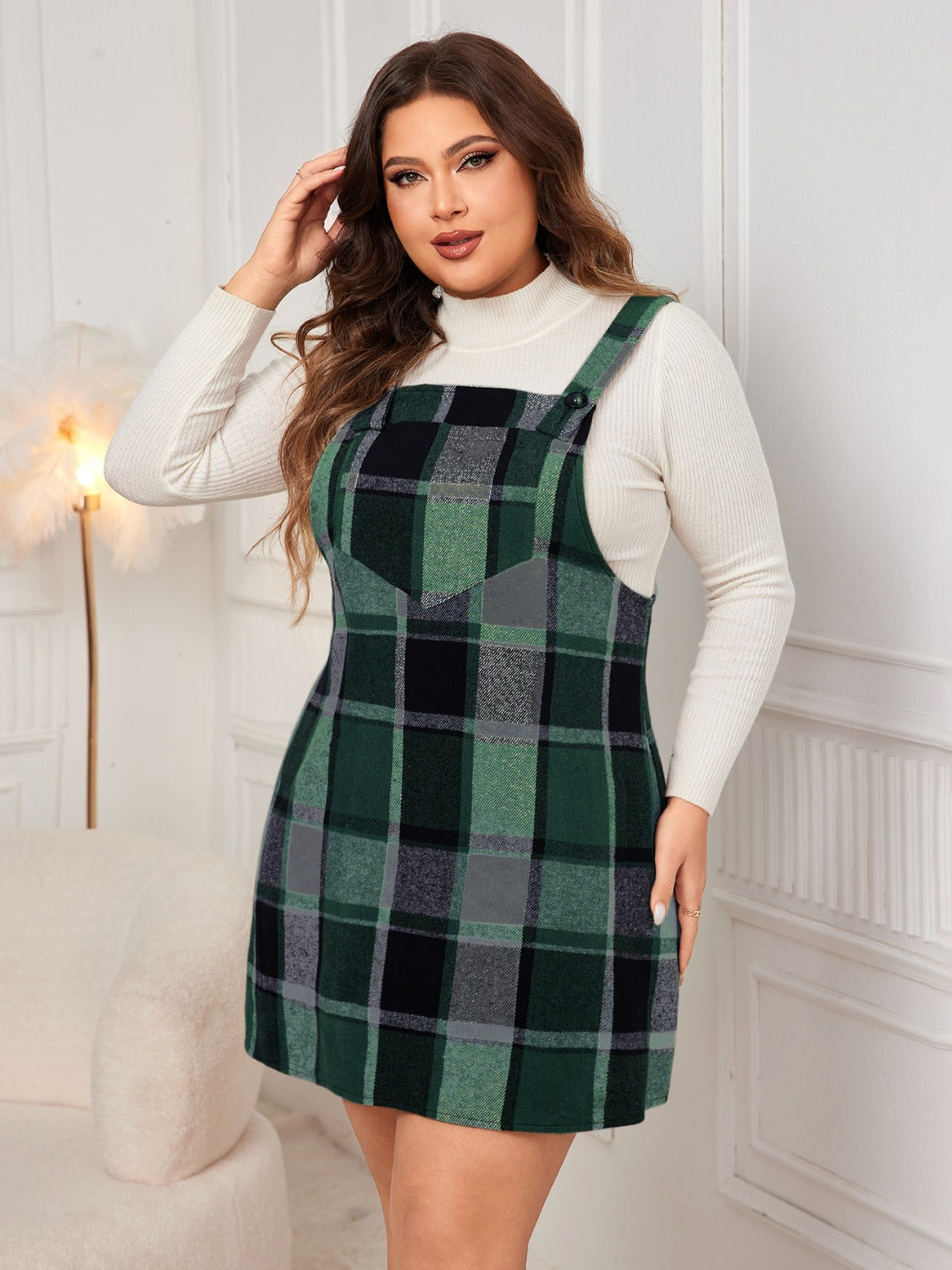 Honey Plus Size Plaid Wide Strap Overall Dress - In Style Chics Boutique LLC