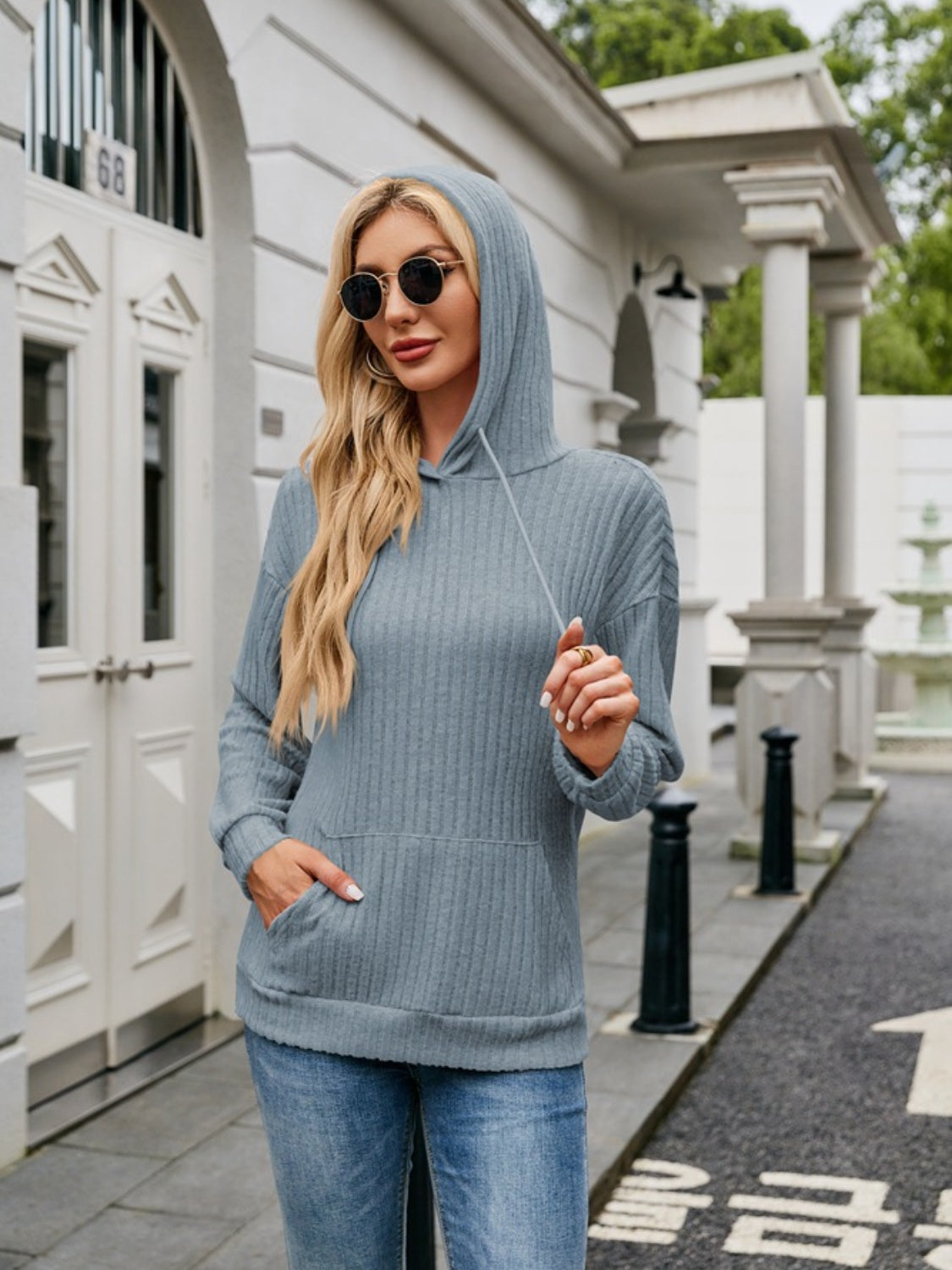 Ribbed Drawstring Long Sleeve Hoodie - In Style Chics Boutique LLC