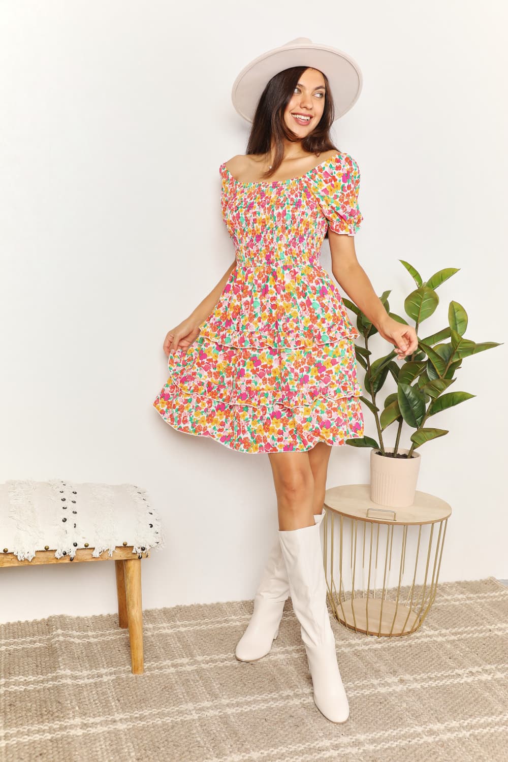 Devine Smocked Sweetheart Neck Flounce Sleeve Mini Dress - In Style Chics Boutique LLC