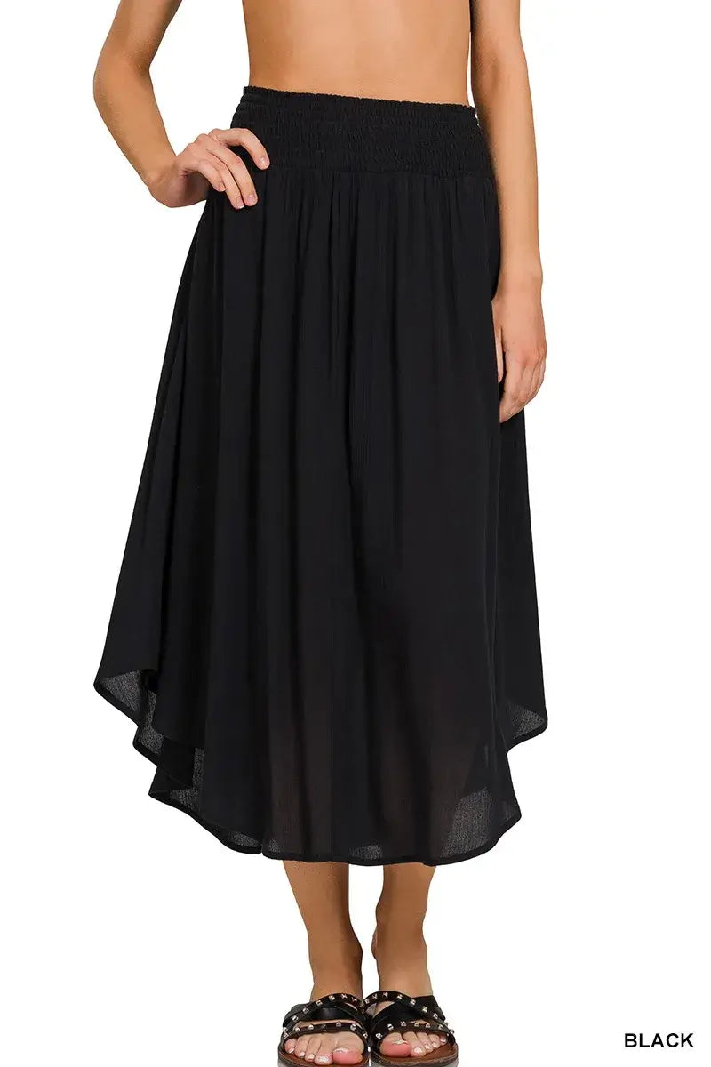 Black Maxi Skirt with Pockets, Smocked Waist-Woven Crinkle