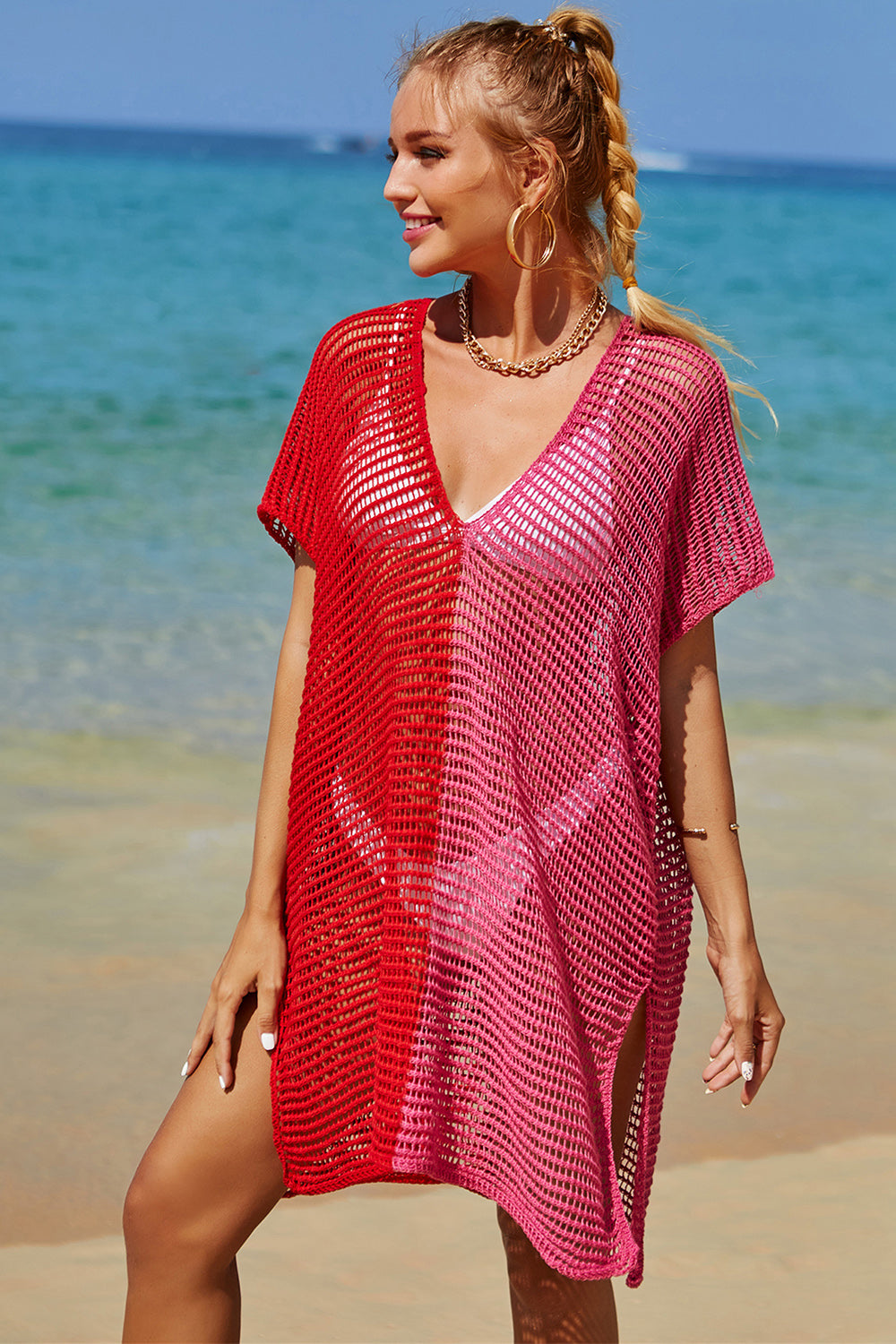 Double Take Openwork Contrast Slit Knit Cover Up - In Style Chics Boutique LLC