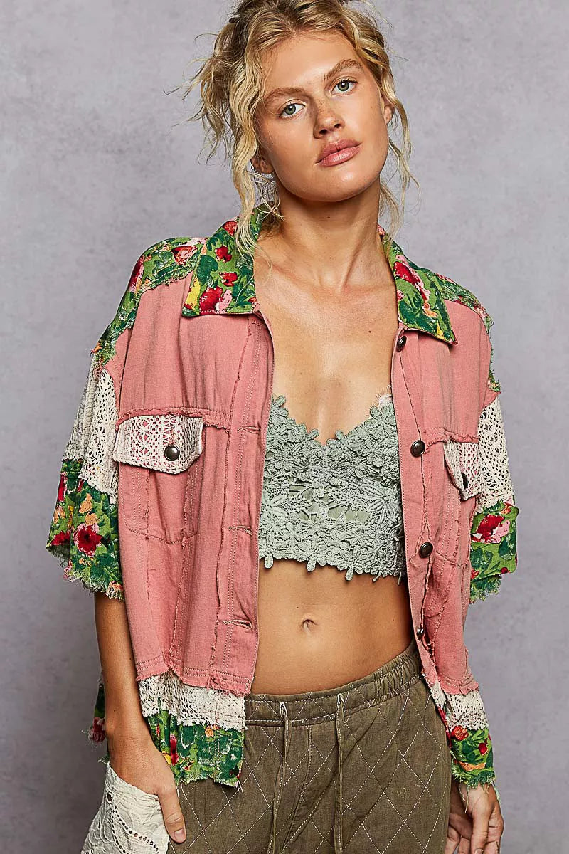 Lace Patch Floral Half Sleeve Shacket at In Style Chics Boutique