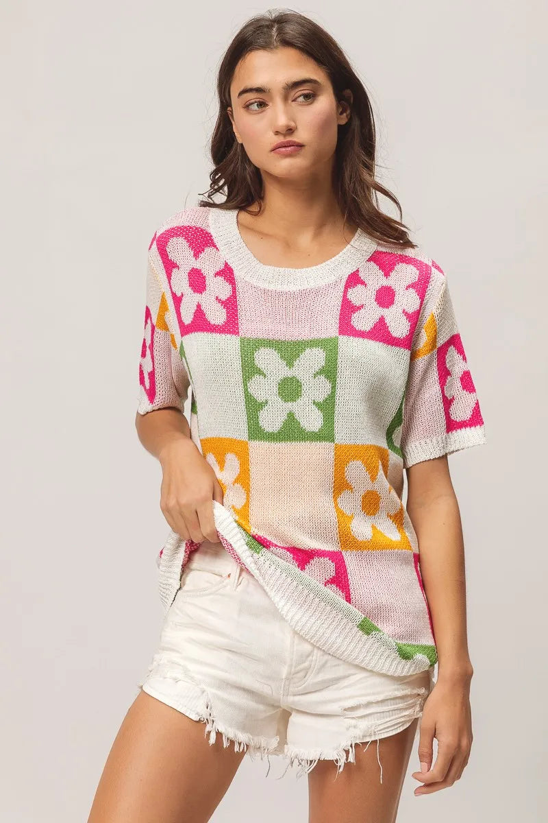 Sweater Top, Flower Checker Pattern Lightweight In Style Chics Boutique Where to buy stylish women’s clothes