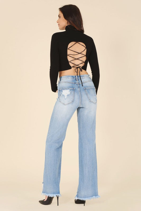 Mock neck lace-up open back top - In Style Chics Boutique LLC
