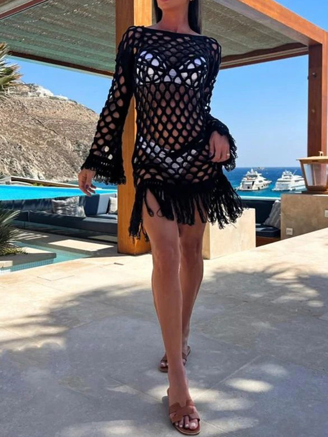 Fringe Cutout Long Sleeve Cover Up - In Style Chics Boutique LLC