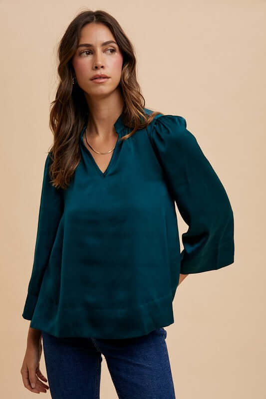 Annie Wear Satin Notched Three-Quarter Sleeve Blouse - In Style Chics Boutique LLC