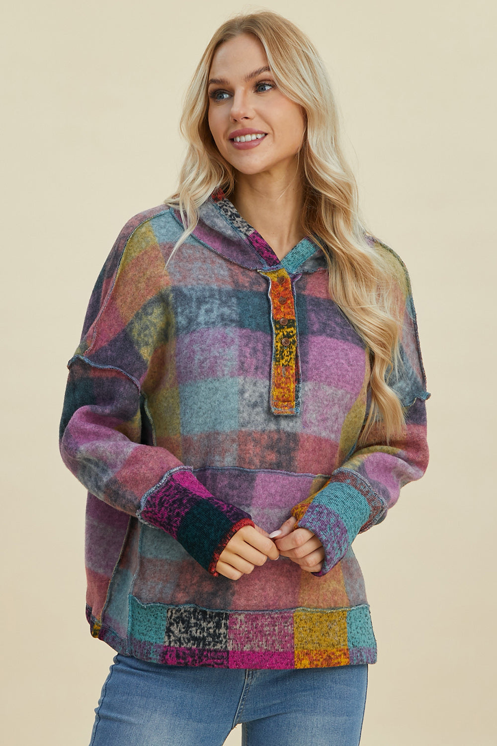 Double Take Full Size Plaid Dropped Shoulder Fleece Hoodie - In Style Chics Boutique LLC