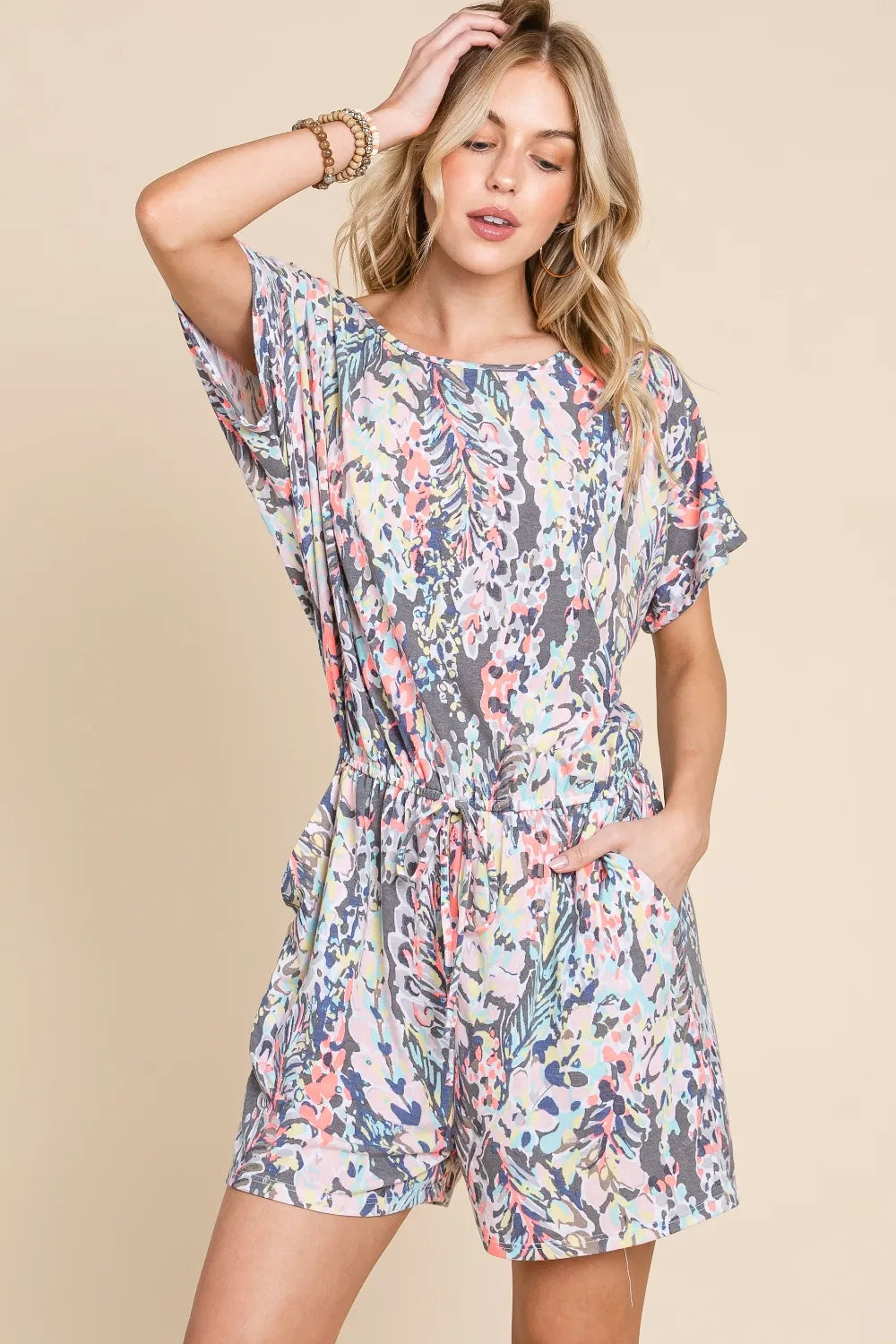 Printed Short Sleeve Drawstring Romper - In Style Chics Boutique Online Fashion