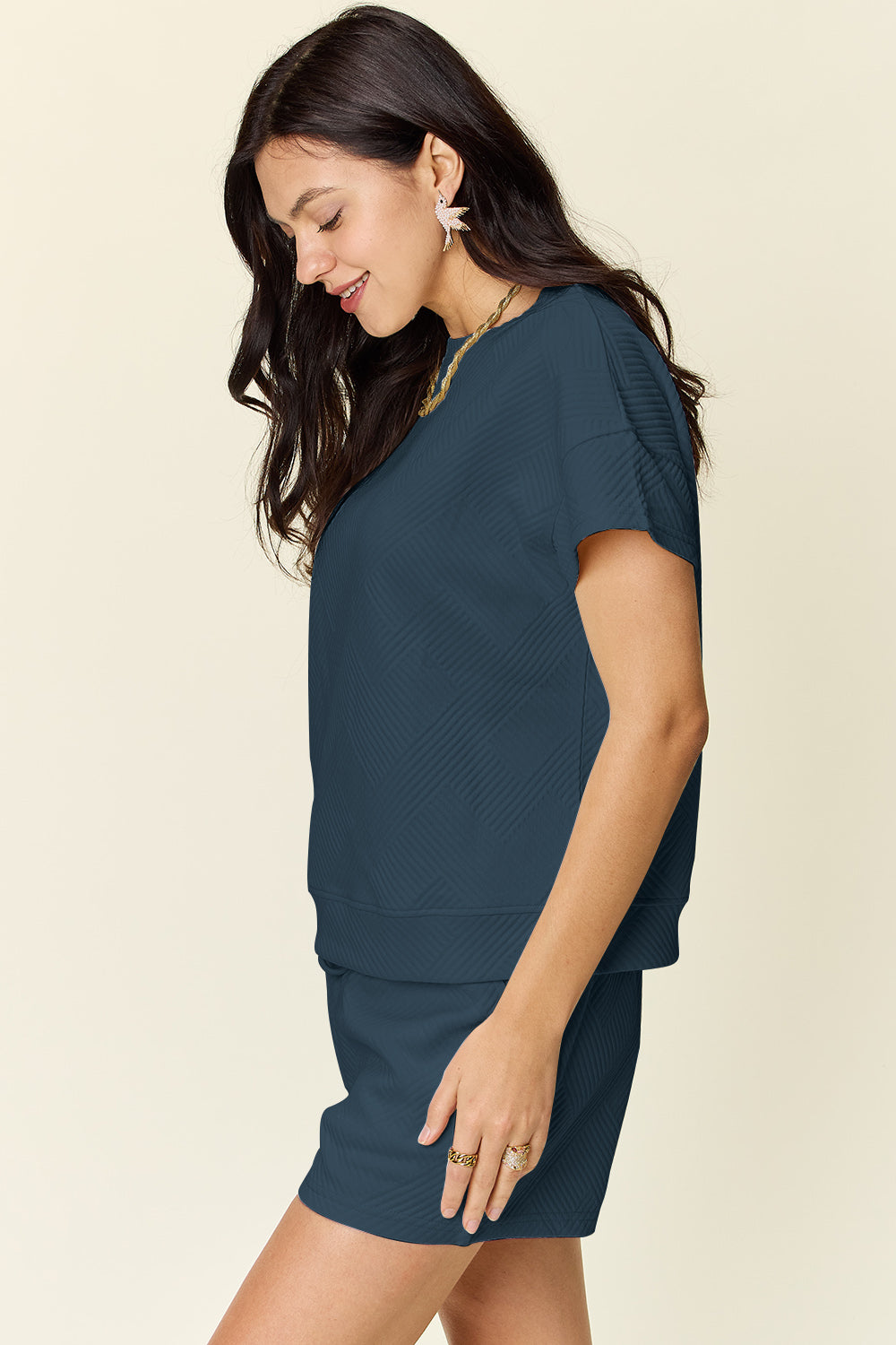 Double Take Texture Short Sleeve T-Shirt and Drawstring Shorts Set - In Style Chics Boutique LLC