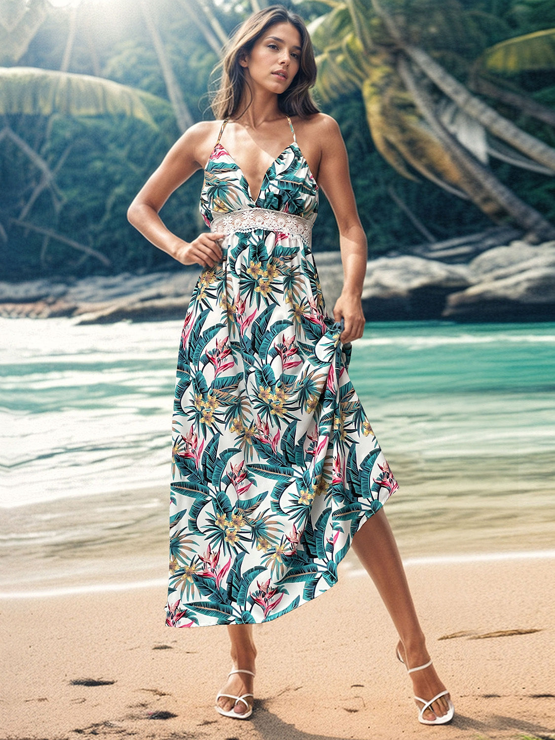 Lace Detail Printed Halter Neck Midi Cami Dress - In Style Chics Boutique LLC