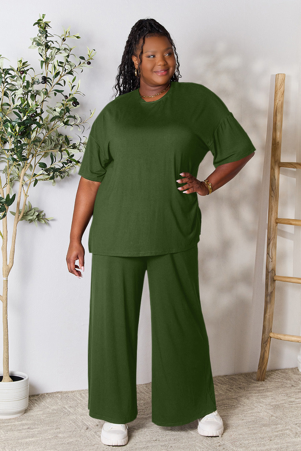 Double Take Round Neck Slit Top and Pants Set - More Colors! - In Style Chics Boutique LLC