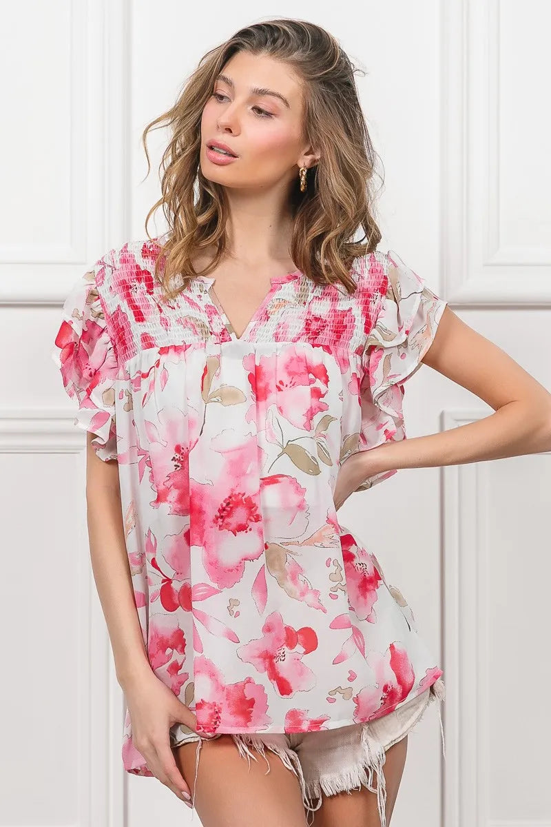 Floral Print Flutter Sheer Top at In Style Chics Boutique