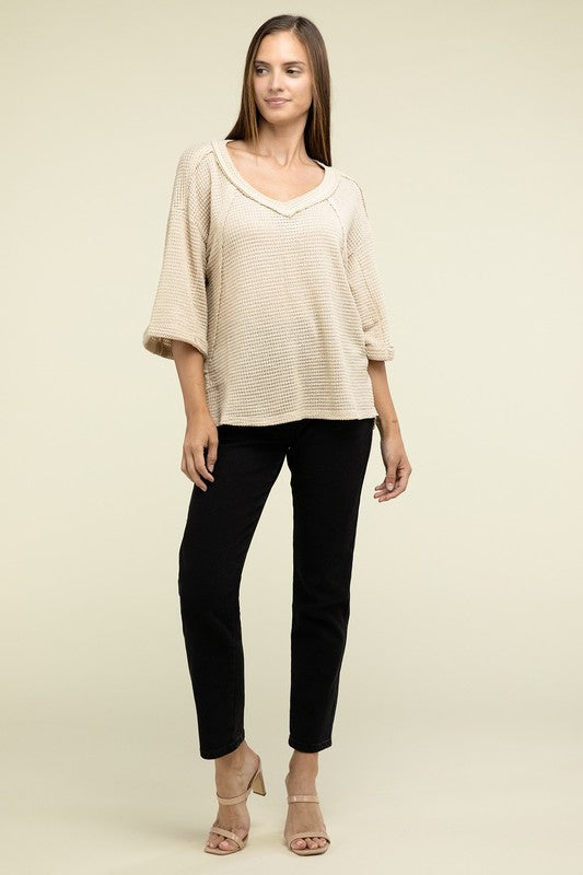 Brushed Waffle Exposed-Seam 3/4 Sleeve Top - In Style Chics Boutique LLC