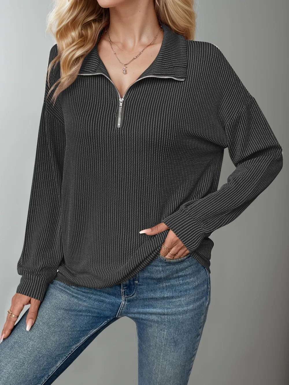 Striped Half Zip Long Sleeve T-Shirt at In Style Chics Boutique