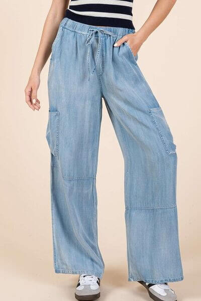 Washed Elastic Waist Cargo Wide Leg Pants