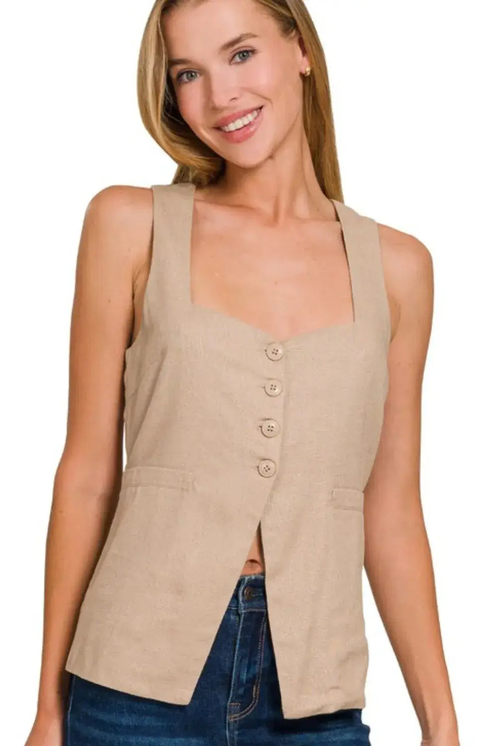 Linen Tie-back 4-button Vest with Lining