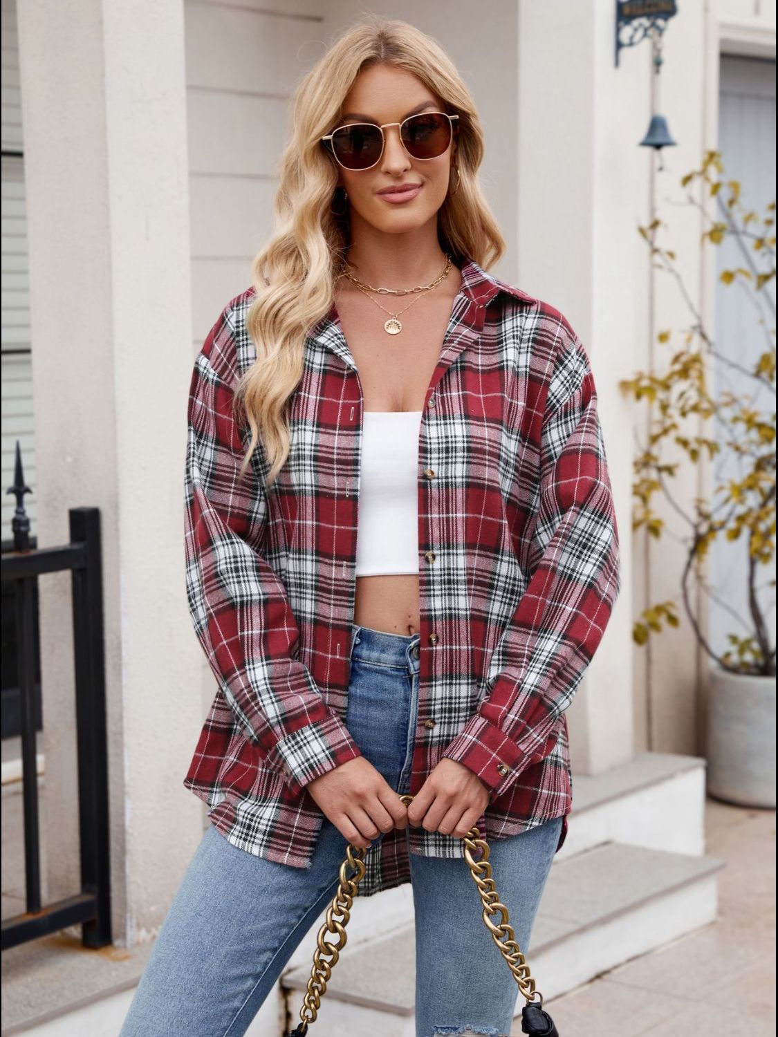 Pocketed Plaid Collared Neck Long Sleeve Shirt - In Style Chics Boutique LLC