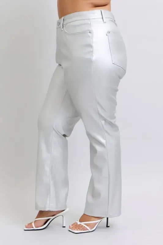Judy Blue High Waist Silver Faux Leather Pants - In Style Chics Boutique Women's Juniors Plus Size Apparel Online
