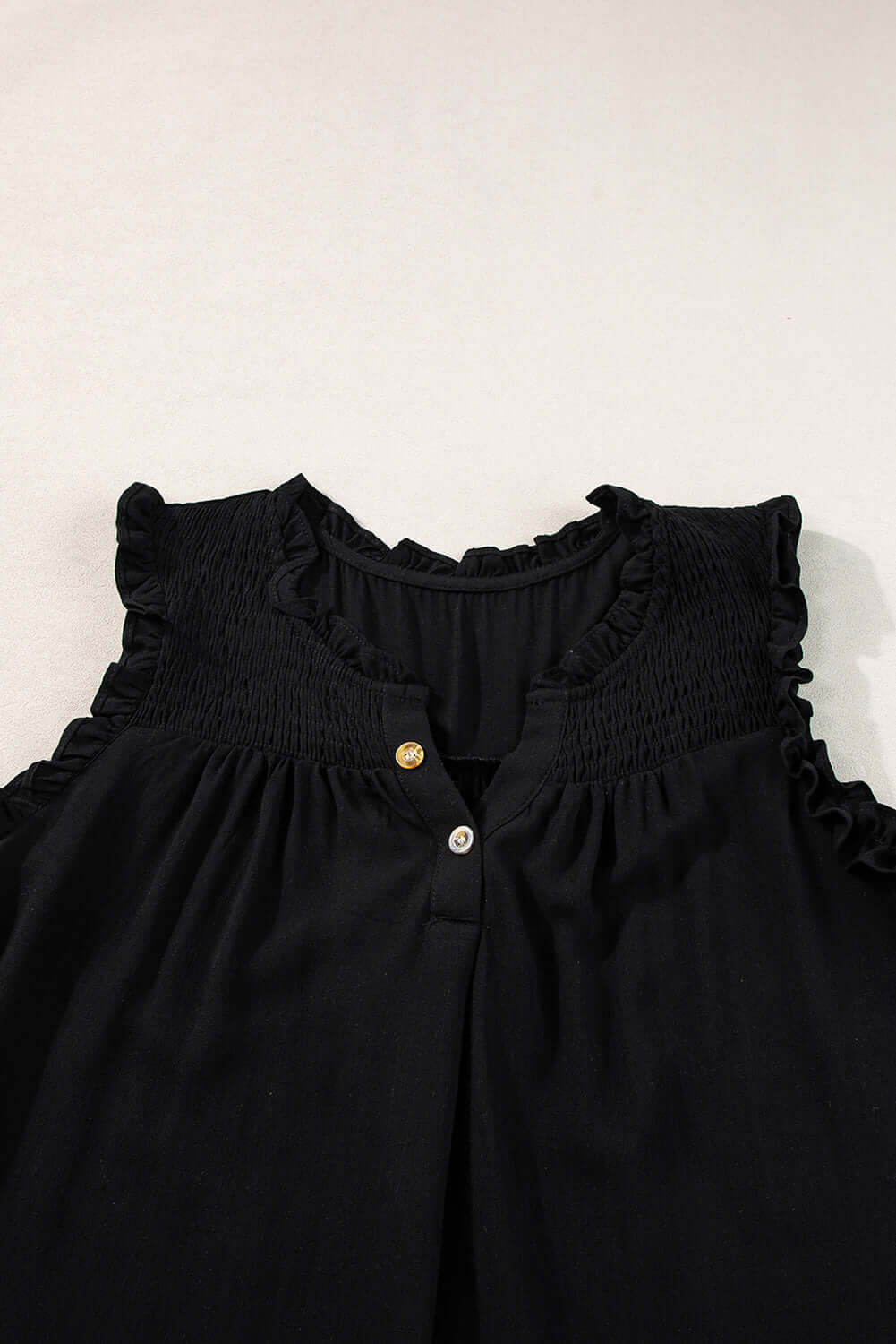 Button Split Neck Frill Trim Sleeveless Shirt - Cute Clothes Online - In Style Chics Boutique Women's Juniors Apparel