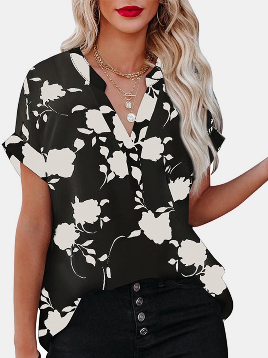 Full Size Printed Notched Short Sleeve Blouse - In Style Chics Boutique LLC